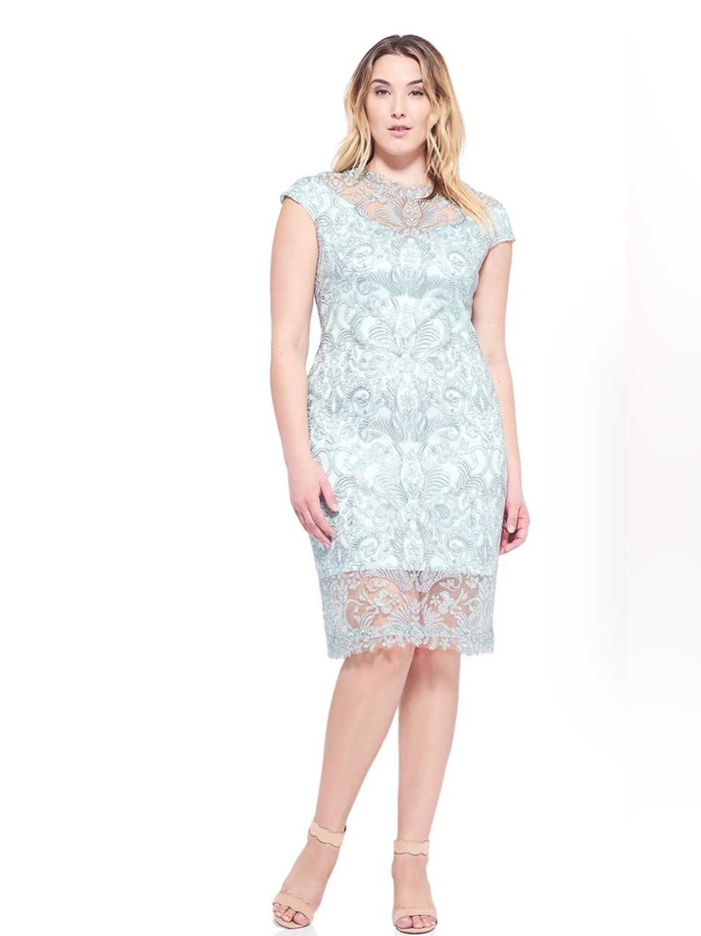 Tadashi Shoji Mint Green Embroidered Sheath Dress - Size 16